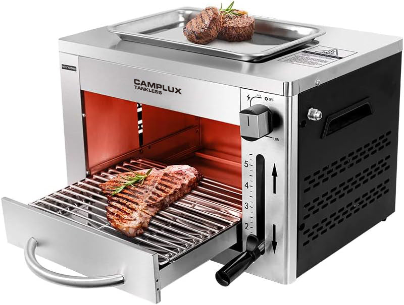 CAMPLUX TANKLESS Propane Infrared Steak Grill,1600℉ Fast Efficient Heating Outdoor Portable Gas Grill with Vertical Cooking,Stainless Steel Single Burner Propane Gas Grill,Perfect for Steak,Ribeyes,Picnic,Barbecues