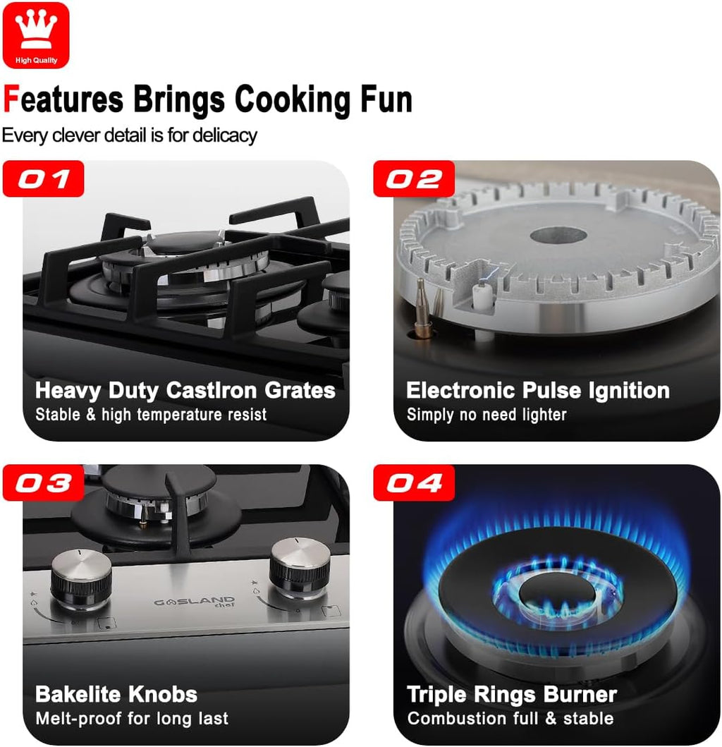 2 Burner Gas cooker, CAMPLUX MINI TANK 12 Inch Gas Stovetop, LPG Convertible Natural Gas, Propane Cooktop, Dual Burner Gas Stovetop with Thermocouple Protection, Black Tempered Glass