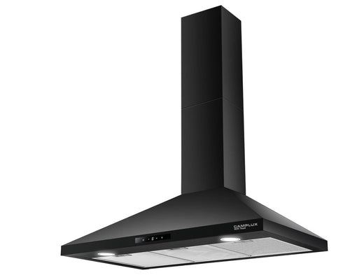 36  Extractor hoods for kitchens, CAMPLUX MINI TANK Black Wall Mount Kitchen Hood 36 inch, Ducted/Ductless Convertible,350 CFM 3 Speed Exhaust Hood Fan with Charcoal Filter,Touch Control, Aluminum Mesh Filters