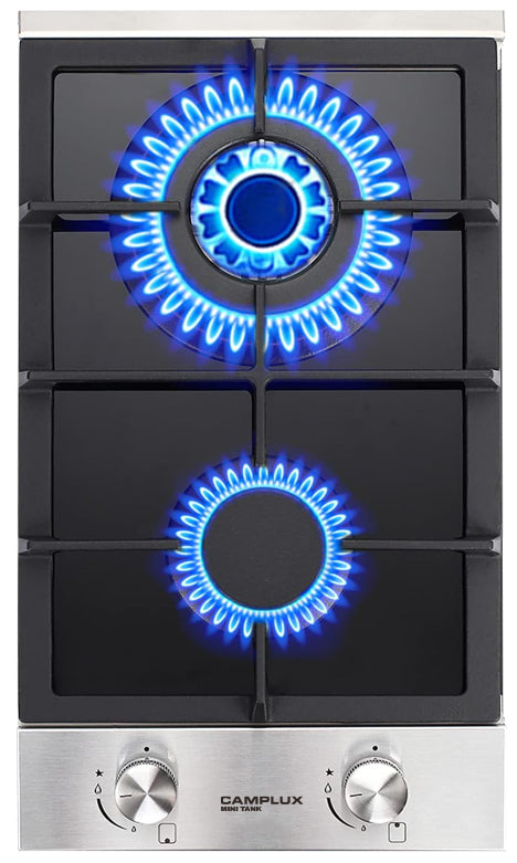 2 Burner Gas cooker, CAMPLUX MINI TANK 12 Inch Gas Stovetop, LPG Convertible Natural Gas, Propane Cooktop, Dual Burner Gas Stovetop with Thermocouple Protection, Black Tempered Glass