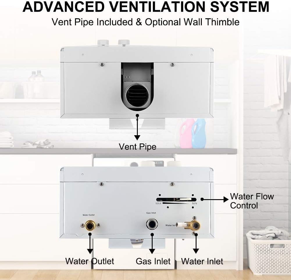 CAMPLUX TANKLESS Natural Gas Water Heater Indoor, Camplux 2.64 GPM On Deamnd Hot Water Heater, CM264-NG, White