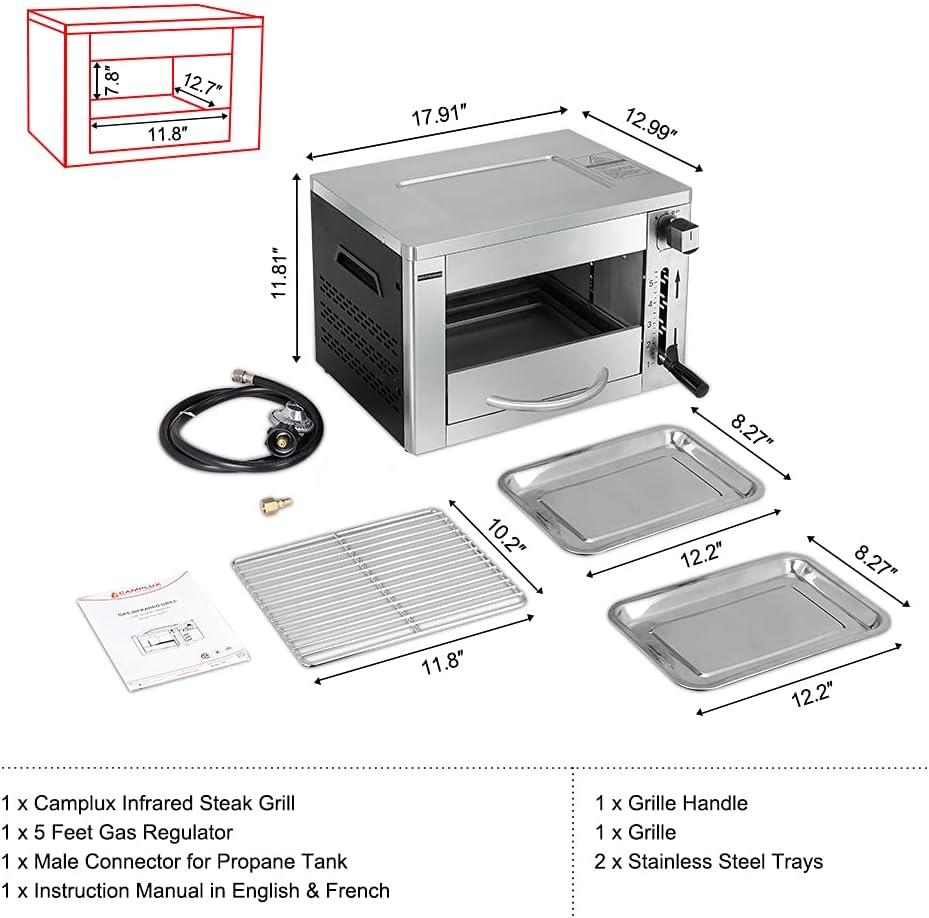 CAMPLUX TANKLESS Propane Infrared Steak Grill,1600℉ Fast Efficient Heating Outdoor Portable Gas Grill with Vertical Cooking,Stainless Steel Single Burner Propane Gas Grill,Perfect for Steak,Ribeyes,Picnic,Barbecues