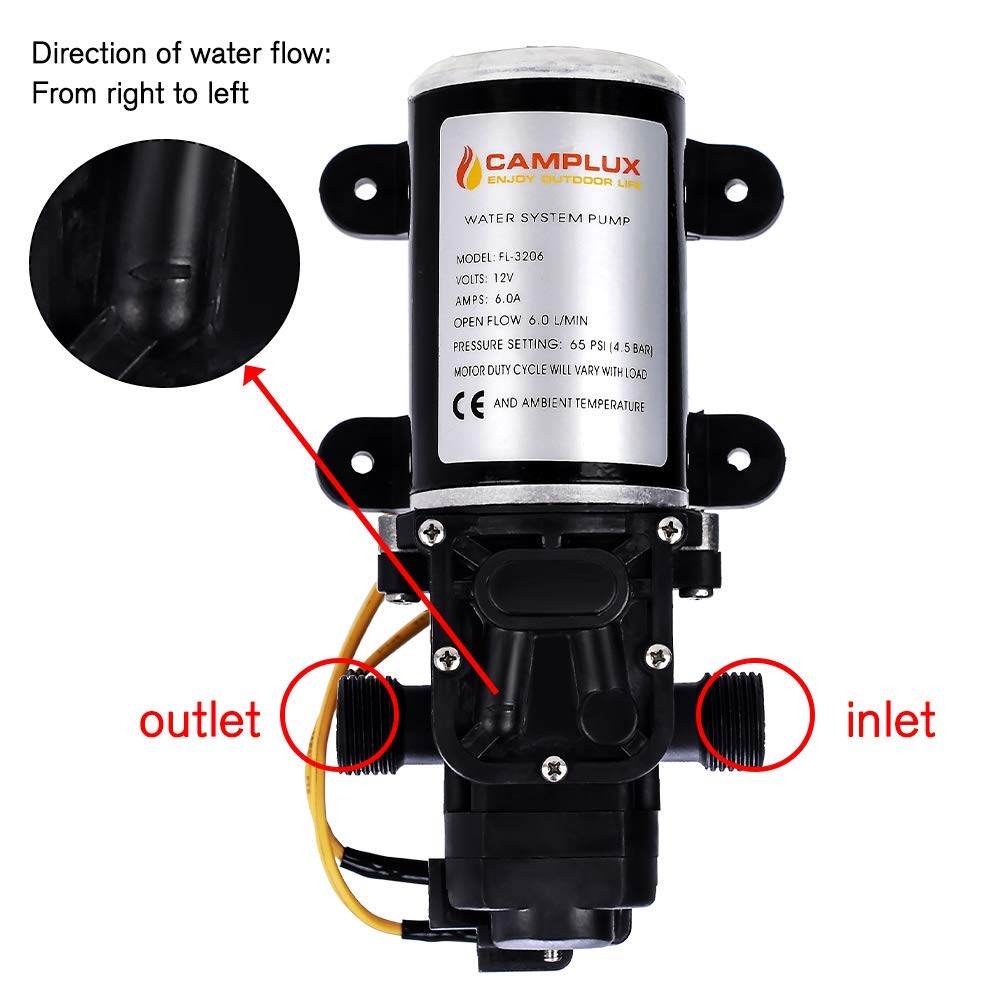 Camplux 12V Water Pump - 65PSI DC 1.6GPM 6LPM Diaphragm