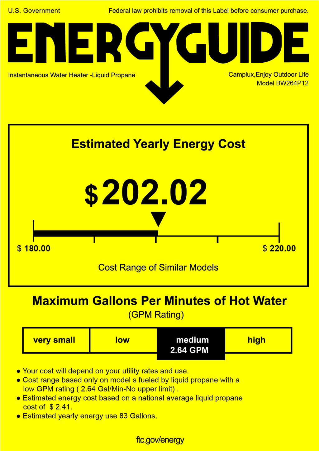 Camplux Portable Propane Water Heater - 10L 2.64 GPM