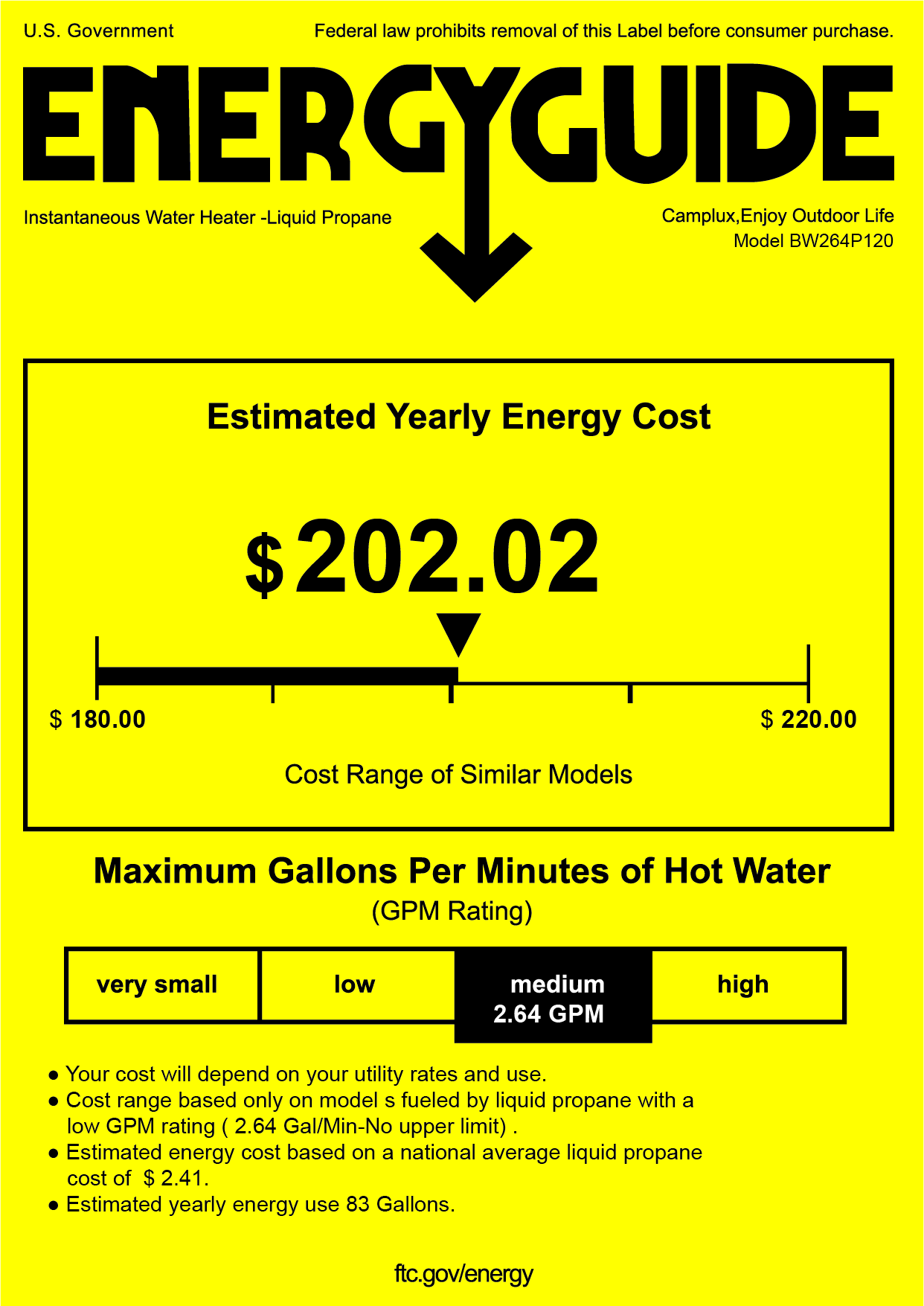 Camplux Portable Propane Water Heater - 10L 2.64 GPM