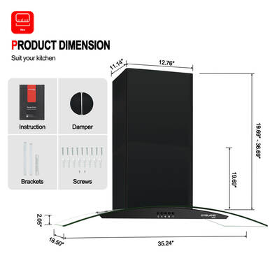 Gasland Chef 36'' Wall Mount Vent Hood w/ Tempered Glass - Black