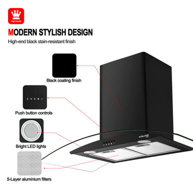 Gasland Chef 36'' Wall Mount Vent Hood w/ Tempered Glass - Black