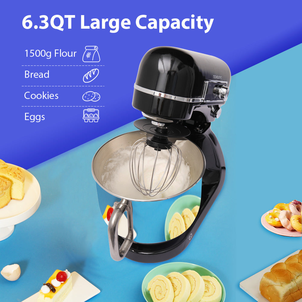 Tecnolove 6-Quart 12-Speed Stand Mixer - All Metal with Mixing Bowl - Black